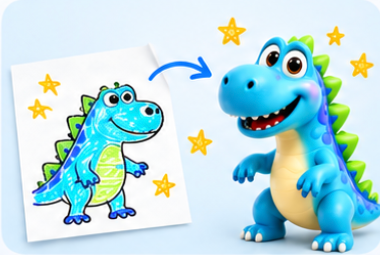 A child drawing beside a blue dinosaur